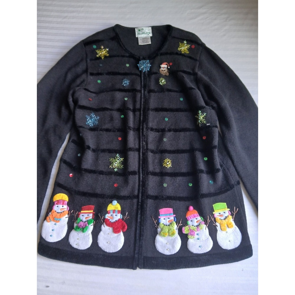 Quacker Factory Cardigan Medium Zip Snowman Winter Festive Vintage Granny